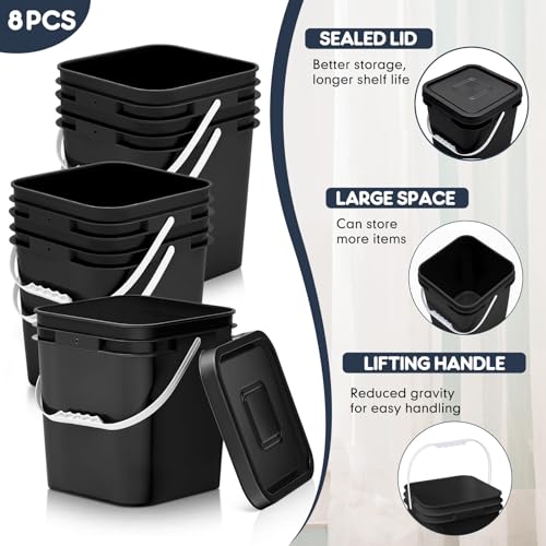 Image of Mumufy 8 Pcs 3.5 Gallon Square Food Grade Bucket with Lid Square Bucket Pail Plastic Handles for Long Term Food Storage, Camping, Fishing, Home Organization Easy Stack and Store (Black)