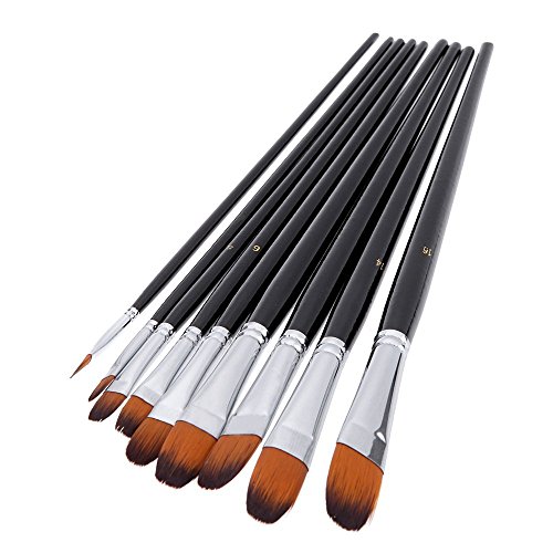 Anself Nylon Hair Paint Brush Set Filbert Head Wooden Handle Artists Brushes 9pcs
