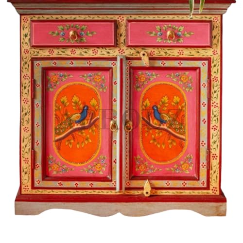 Image of APRODZ Hand-Painted Solid Wood Sideboard Cabinet with 2 Doors & 2 Drawers | Wooden Storage Cabinet for Bedroom Living Room & Kitchen | Crockery Cabinet, Kitchen Storage | Multicolor, 30x16x36 Inches