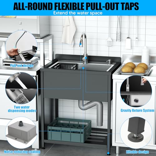 Image of Stainless Steel Utility Sink, 30.8 inch x 22 inch x 39.5 inchFreestanding Sink with Cold and Hot Water Faucet,Hoses and Drain Kit for Kitchens, Bathrooms, Garage, Laundry Room