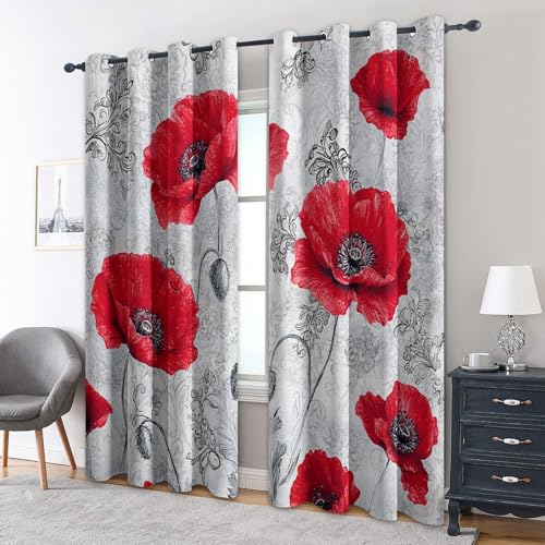 Red Poppy Curtains for Bedroom 90x90, Floral Curtains Blackout Living Room Home Decor, Printed Window Eyelet Drapes 90 Inch Drop 2 Panels - TEB252 - Image 3