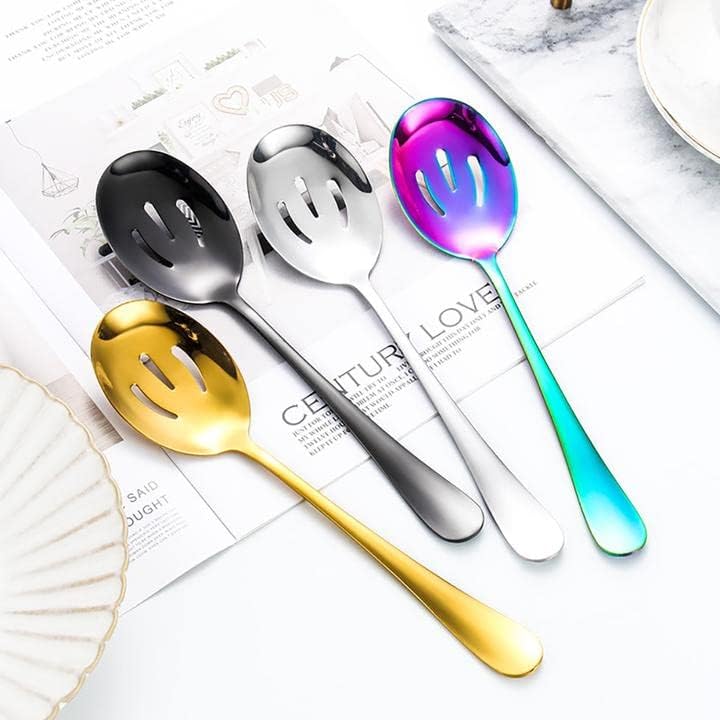Flatware Spoons Server Set, Rainbow 6 Large Dinner Spoon Server and 6 Slotted Spoon, Catering Public Serving Spoon Set for Buffet Party Banquet