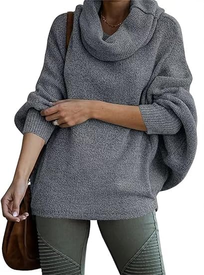 Womens Cowl Neck Pullover Sweaters with Pockets Lantern Long Sleeve Tunic Jumper Tops Turtleneck Sweater Casual Fall