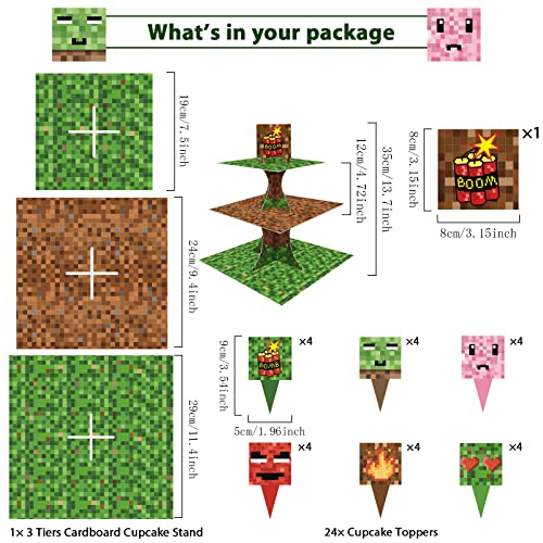 Mini Pixel Cupcake Stand 3 Tier Mining Birthday Party Supplies with 24pcs Cupcake Toppers Kit Pixel Gaming Cupcake Dessert Holder for Boys Birthday Pixelated Spiral Miner Crafting Party Decor Supplies - Thumbnail 2