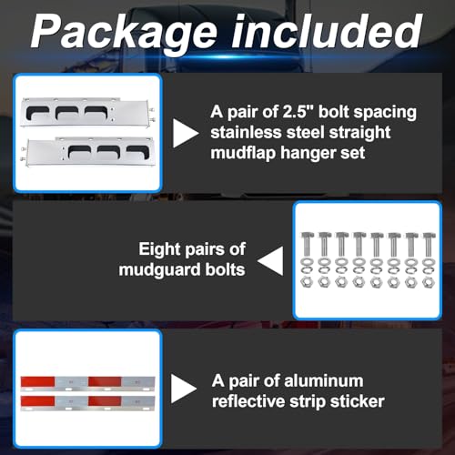 Image of Stainless Steel Mud Flap Hanger Set with Rectangle Light Cutouts 2-1 /2 inch Bolt Spacing 30 inch Length Rear Bar for Semi Trucks, 2.5 inch Bolt Spring Loaded with Aluminum Reflective Tapes