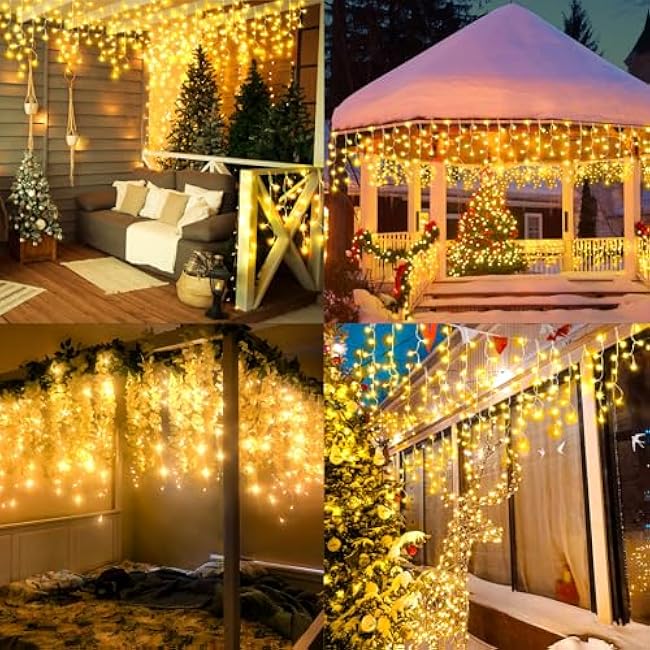 KNONEW Christmas Lights Outdoor Decorations 400 LED 33ft 8 Modes Curtain Fairy String Light with 75 Drops, Clear Wire LED String Light Indoor Decor for Wedding Party Christmas Decorations Warm White