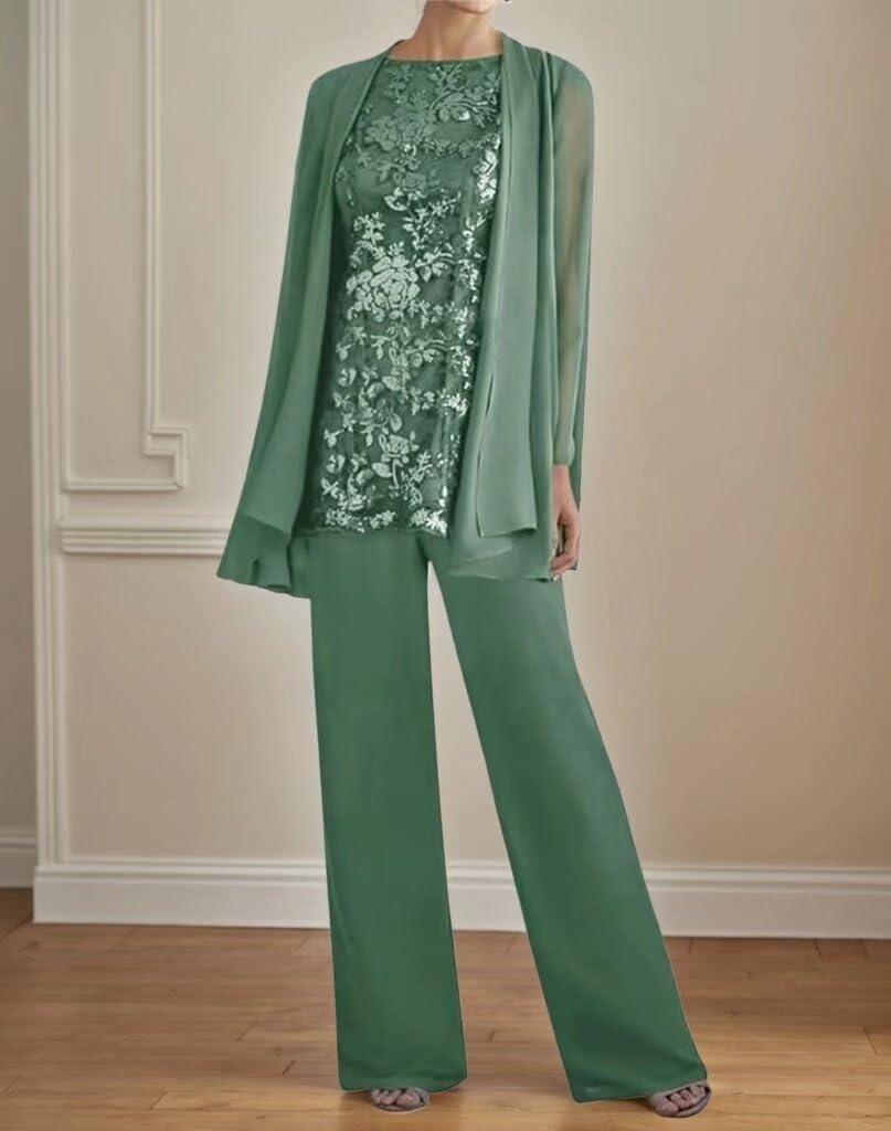 3 PCS Mother of The Bride Pant Suits for Women Dressy Long Sleeve Formal Pantsuits for Wedding Guest