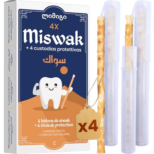 MODOGO® Siwak Naturale x4 con Custodia x4 - Spazzolino Ecologico per Denti - Miswak Africano per Pulizia, Sbiancamento e Igiene Orale - Bastoncini di Araak come Alternativa Sostenibile