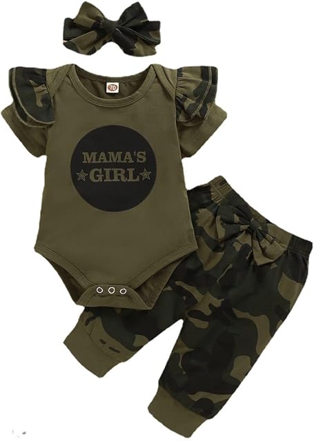 Mama’s Nouveau-né garçon fille vêtements Camouflage Ruffle courte manches Romper+ pantalons Bow Outfit vêtements ensemble