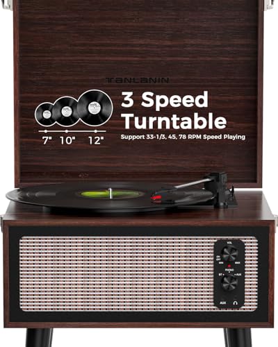 Image of Vintage Standing Vinyl Record Player with Detachable Legs, PC Recording, 3-Speed Belt Driven Bluetooth Turntable Built-in Stereo Speakers Use as Stand or Tabletop Player, Home Decor, Espresso