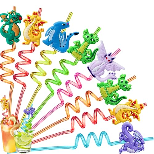 YOUYIKE 8 pcs Pailles Enfants Reutilisables, Dinosaure Straws Spirale, Pailles Réutilisables, Paille en Dinosaure pour les Enfants, pour Fête D'anniversaire...