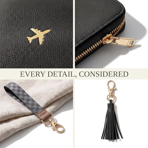 Image of Stylish Passport Holder for Travel with Detachable Wristlet Strap, Black, 6.4 x 4.6 x 0.7 inches, Modern | All-in-one Travel Wallet Organizer for Women - Secure Money Belt Alternative with Card Slots and Tassel Keychain