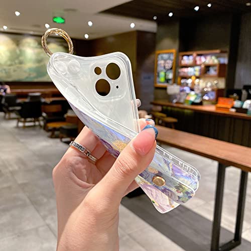Siduater Hand Strap Holder Case For 6.1" Iphone 13 With Kickstand, Wrist Strap Band Soft Pattern Shockproof Cover, Adjustable Handle Grip Loop For Iphone 13 6.1 Inch, Floral Daisy #TOP4