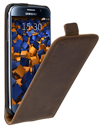 mumbi Premium Funda con Tapa de Cuero Real Compatible con Samsung Galaxy S6 / S6 Duos, marrón