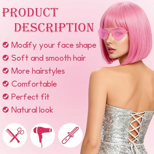 Image of 2 Pack Colored Bob Wigs and Heart Sunglasses Set, Blue Pink Short Straight Bob Wig with Bangs Neon Party Colorful Synthetic Hair for Women Men Halloween Costume Bachelorette Party Favors