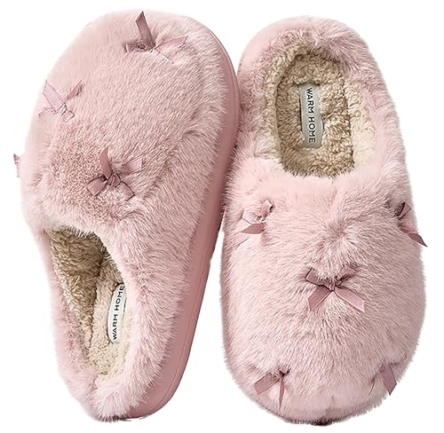 Furry Bow Slippers for Women Fleece Lined Warm Winter Slides Cute Fuzzy House Shoes Indoor Outdoor