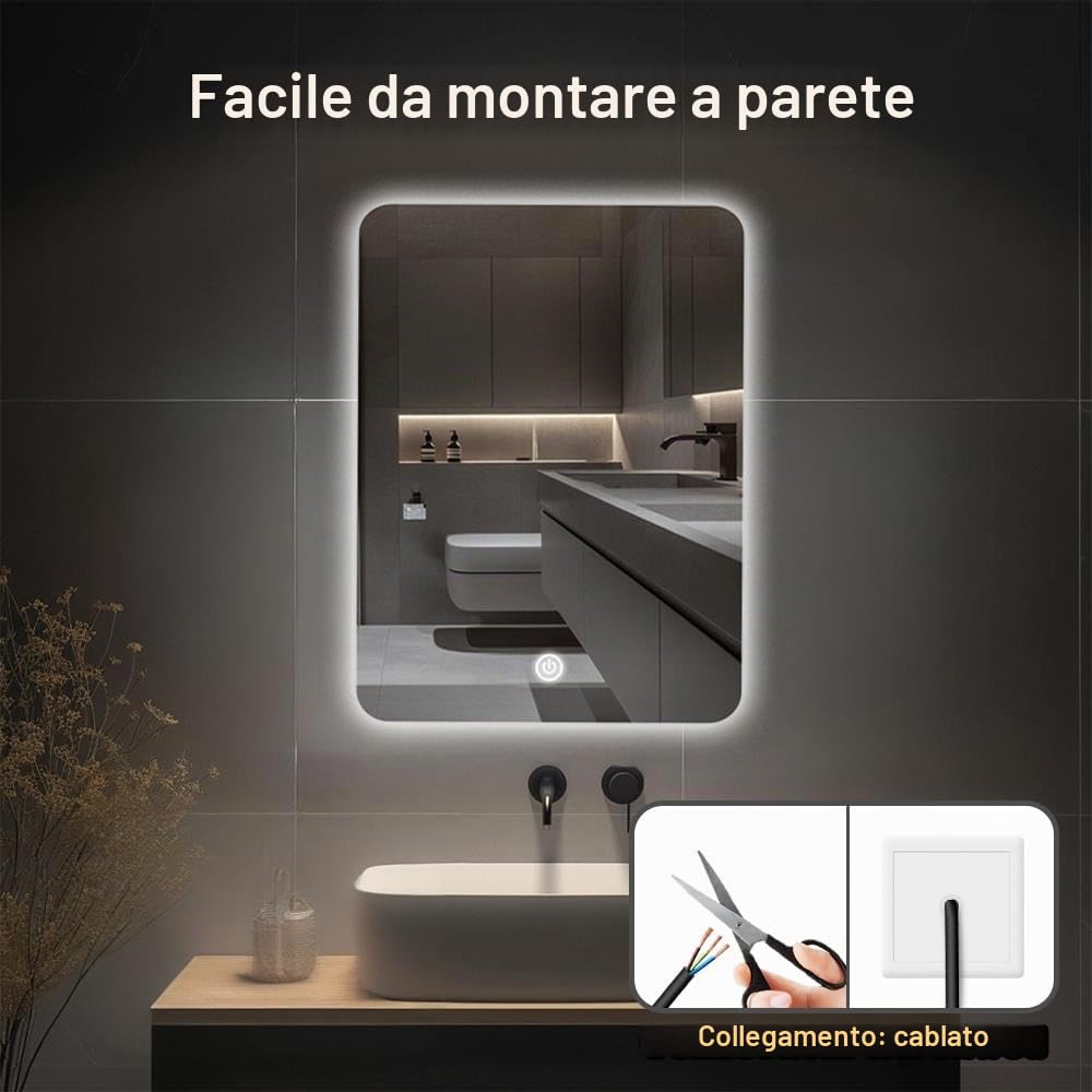 Specchio da bagno a LED per sopra il lavandino, 45 x 60 cm, specchio da bagno elettrico con luci retroilluminate per doccia e rasatura, montaggio a parete, dimmerabile, illuminazione a 3