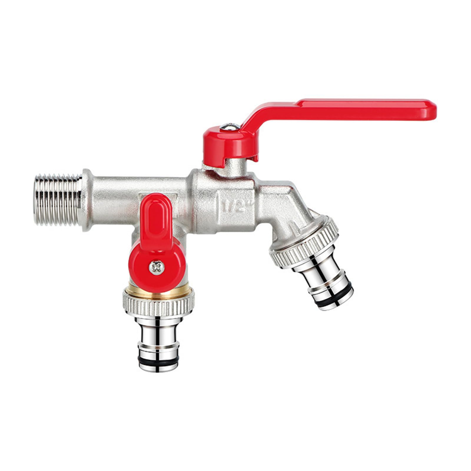 Rubinetto Da Giardino Esterno Valvola A Sfera in Ottone con Doppio Rubinetto Da 1/2 Pollice con 2 Adattatori per Tubi,Rosso Cromo