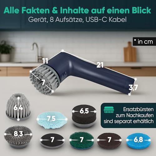 Clatronic elektrische Reinigungsbürste mit Akku | 8 Aufsätze | bis zu 90 min. Betriebsdauer | Putzbürste elektrisch für Bad Küche Sneaker Auto Grill | Reinigungsbürste elektrisch | ERB 3815 A