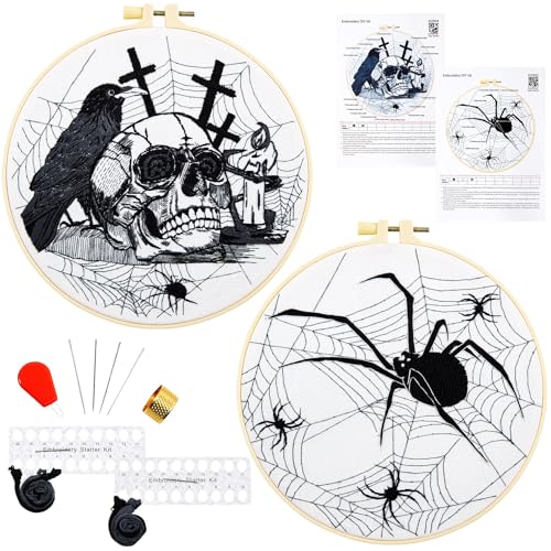 Image of Dark Gothic Embroidery Kits for Beginners Adults, Halloween Hand Embroidery Needlepoint Kits, Skull Spider Stamped Cross Stitch Kits for Beginners Adults, 2 Embroidery Hoops (Attached Video Tutorial)