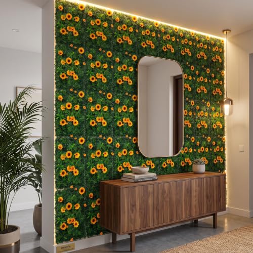 Image of Dekorly Artificial Grass Wall Panels | Indoor Outdoor Decoration | Garden, Floor, Balcony Home Decoration | Vertical Garden Artificial Wall Plants (Sunflower Mat, 58cm x 40cm)