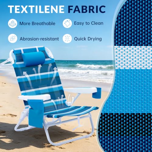 Beach Chair 2 Pack, Silla de Playa Reclinable de Tela Mesh con 5 Posiciones, con Correas Mochila, Bolsa Térmica y Portavasos para Aire Libre miniatura 4