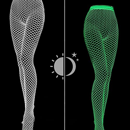 Image of KCTRFSJ Women Sexy Luminous Green Hollow Fishnets Stockings,Glow in the Dark Reflective Fun High Waist Fishnet legging Tights