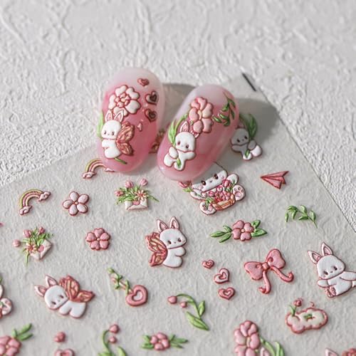 Spring Flower Nail Art Stickers 5D Embossed Bunny Flowers Nail Decals 1PCS Pink Floral Bow Green Leaf Cute Bunnies Easter Nails Design Adhesive Stickers Manicure Accessories for Women Nail Decoration