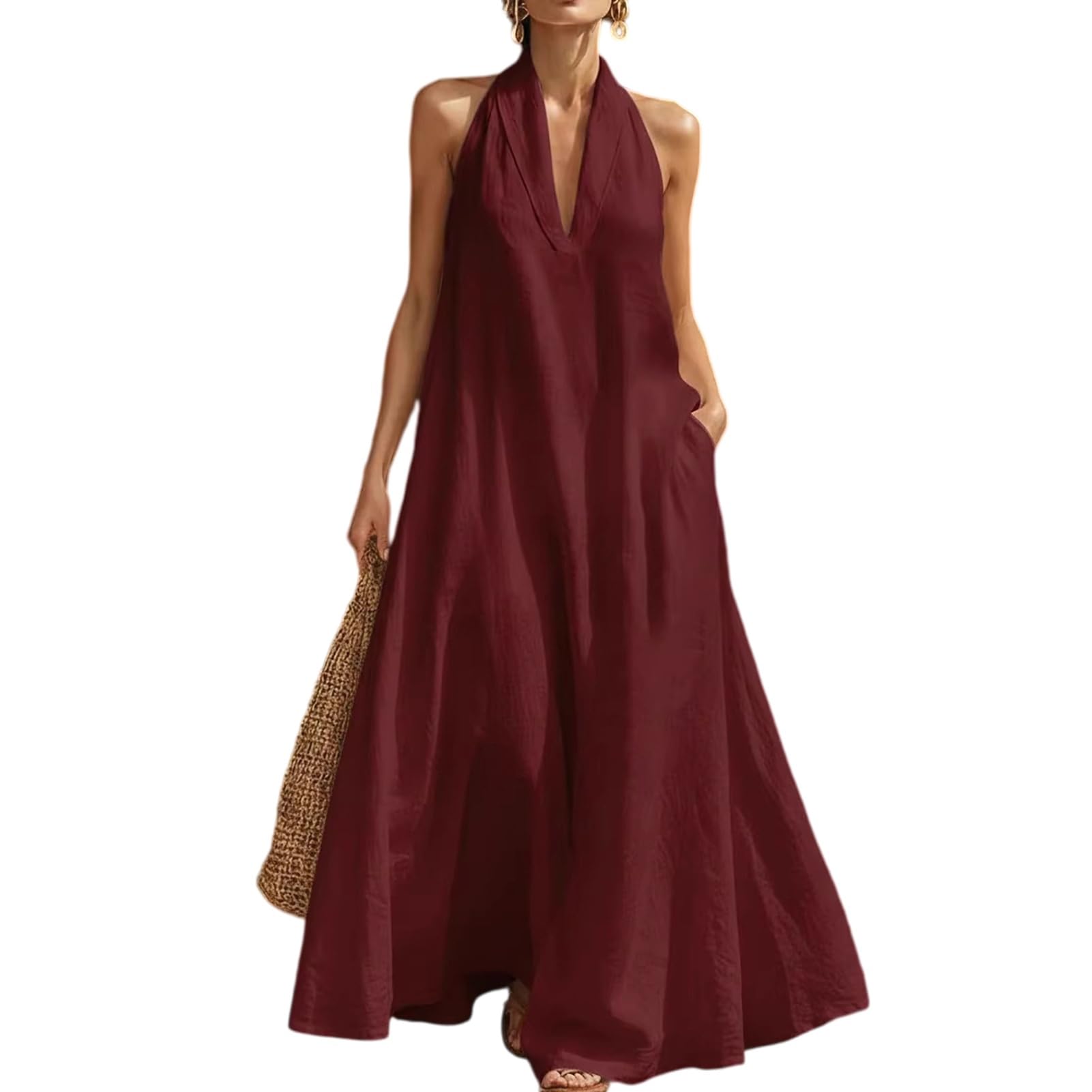 Maxi abito estivo da donna, con scollo a V, senza maniche, con risvolto e tasche, leggero e ventilato, ideale per vacanze in spiaggia, vacanze e abbigliamento casual quotidiano