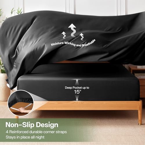 MR&HM King Size Sheets Set, 4-Piece Cooling Sheets, Rayon Derived from Bamboo & Polyester Blend, Soft & Silky, 15" Deep Pockets with Elastic Straps, Hotel Luxury for Hot Sleepers, Black