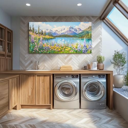 crmotu Lake Wildflowers Wall Art, Snow Mountain Forest Extra Large Artwork, Nature Landscape Canvas Art Prints, Country Chic Pictures Wall Decor Living Room Bedroom Dining Room Farmhouse 30x60 Inch