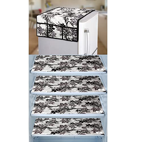 Image of Polyester 3-Layered Fridge Top Cover /Refrigerator Cover With Utility Pockets and Set of 4 Pc Fridge Mats (Color-Floral Black, Size-39x21 Inch)