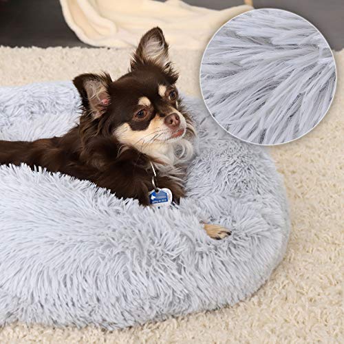 lionto Donutbett für Hunde und Katzen, Flauschiges Hundebett rund für kleine und große Heimtiere, Ø 50 cm, weiches Katzenbett aus kuscheligem Plüsch, Hundekissen mit extra Dicker Füllung, hellgrau