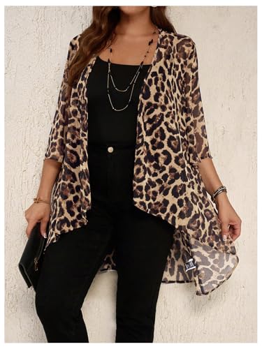 OYOANGLE Women's Plus Size Cheetah Print Kimono Cardigan Open Front Asymmetrical Hem Beach Cover Up4