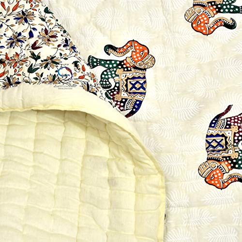 Image of 380 GSM Jaipuri Hand Block and Screen Elephants Printed Winter Cotton Double Bed Quilt Razai - King Size Multicolor, Rajai 88x105 inch