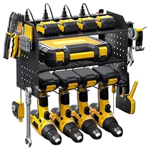 Power Tool Organizer with Charging Station, Heavy Duty 4 Layer Drill Holder Wall Mount, Power Tool Holder with 8 Outlet Power Strip, Tool Shelf with Hooks, Drill Bit Rack for Garage, Black