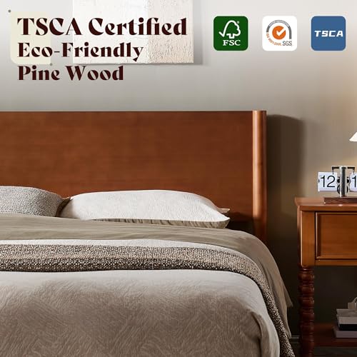 Image of AMERLIFE Solid Wood King Bed Frame, Mid Century Bed with Headboard, Brown