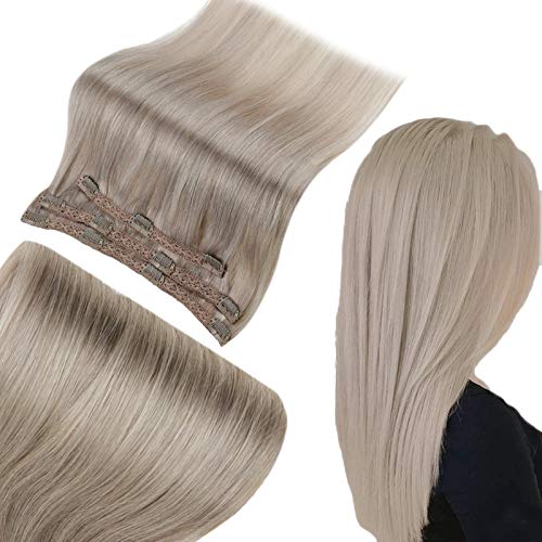 RUNATURE Human Hair Clip in Ash Blonde Hair Extensions 16 Inch Clip in Human Hair Extensions for Women 3 Piece Hair Extensions with Clips