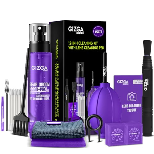 Gizga Pro Series 12-in-1 Cleaning - 150ml Cleaning Spray, Air Blower, DSLR Lens Pen, 50-Lens Tissues, Swabs & Wipes, Brushes, Key Puller, Microfiber Cloths for Ideal for Camera Lens and All Gadgets