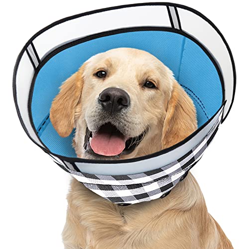 Image of Dog Cone Collar for After Surgery, Soft Pet Recovery Collar for Dogs and Cats, Adjustable Cone Collar Protective Collar for Large Medium Small Dogs Wound Healing (Black Plaid, Large)