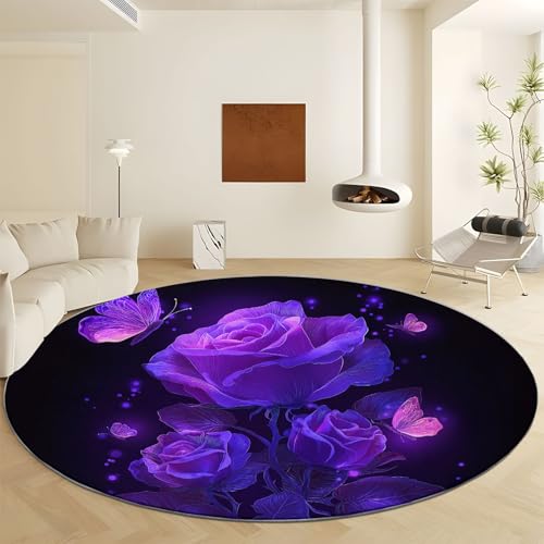 Tapis rond noir Ø 90 cm imprimé fleurs et papillon rose en microfibre lavable