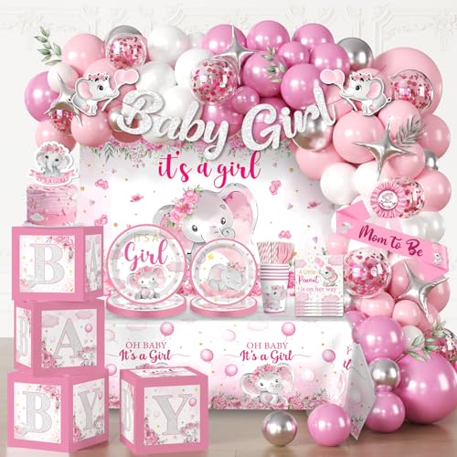 Cocomigo 254pcs Baby Shower Girl Decorations Elephant Baby Shower Decorations Include 300gsm Plates Elephant Balloon Arch Backdrop Tablecloths Balloon Box and Banner for Girl