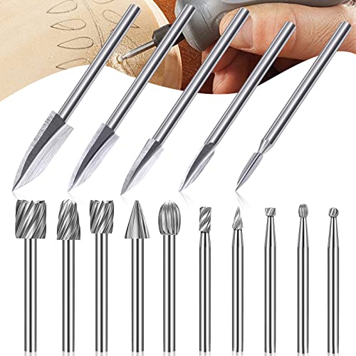 15 Piezas Juego de Brocas para Tallado en Madera, Hss Accesorios de Herramientas Rotativas Brocas de Tallado Juego de Fresas de Carburo para CarpinteríA, Tallado, Taladrado, VáStago de 3 mm