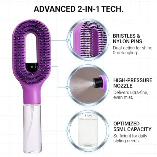 Image of 2-in-1 Spray Comb for Hair, Water Spray Detangling Brush with Built-In Mist Bottle, Anti-Frizz Wet Hair Brush for Men, Women & Kids Ideal for Long, Thick & Curly Hair (Purple)