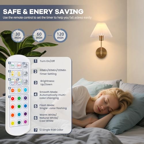 Image of EIDISUNY Wall Sconce Sets of 2, Battery Operated Gold Wall Sconce with Remote Dimmable RGB, Rechargeable Wireless Wall Lights for Bedroom Living Room Kitchen Hallway Wall