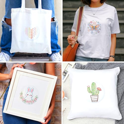Image of BEUNITONE 6Pcs Easy Embroidery Kit for Adults Beginners, Simple Cross Stitch Starter Set for Beginners, Cute Animal Rainbow Butterfly DIY Craft Activity for Home Decor and Festival Gifts 20x20cm