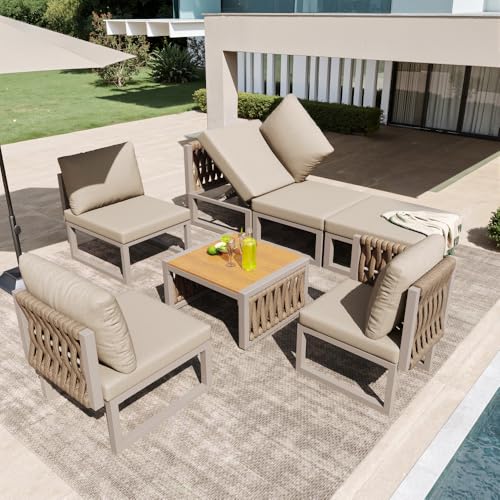 Wyibwy Juego de muebles de jardín exterior para 5-6 personas, sofá de jardín exterior con cojines y respaldo, tumbona doble para exterior con respaldo ajustable, juego de sofás de patio resistentes