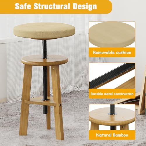 Image of Trironsun Adjustable Height Bamboo Drafting Stool with Canvas Padded Seat 19 inch-26 inch Swivel Drafting Chair for Drawing, Painting, Office, Kitchen, or Home Studio Natural Finish