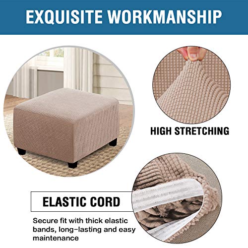 Image of H.VERSAILTEX Square Ottoman Covers Ottoman Slipcovers Folding Storage Stool Furniture Protector Form Fit with Elastic Bottom, Stretch High Spandex Small Checks Jacquard Fabric(Medium,Sand)