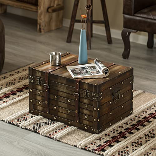 Vintiquewise QI004334.L Wooden Brown Storage Trunk With Faux Leather Straps And Handles, Large thumb #1